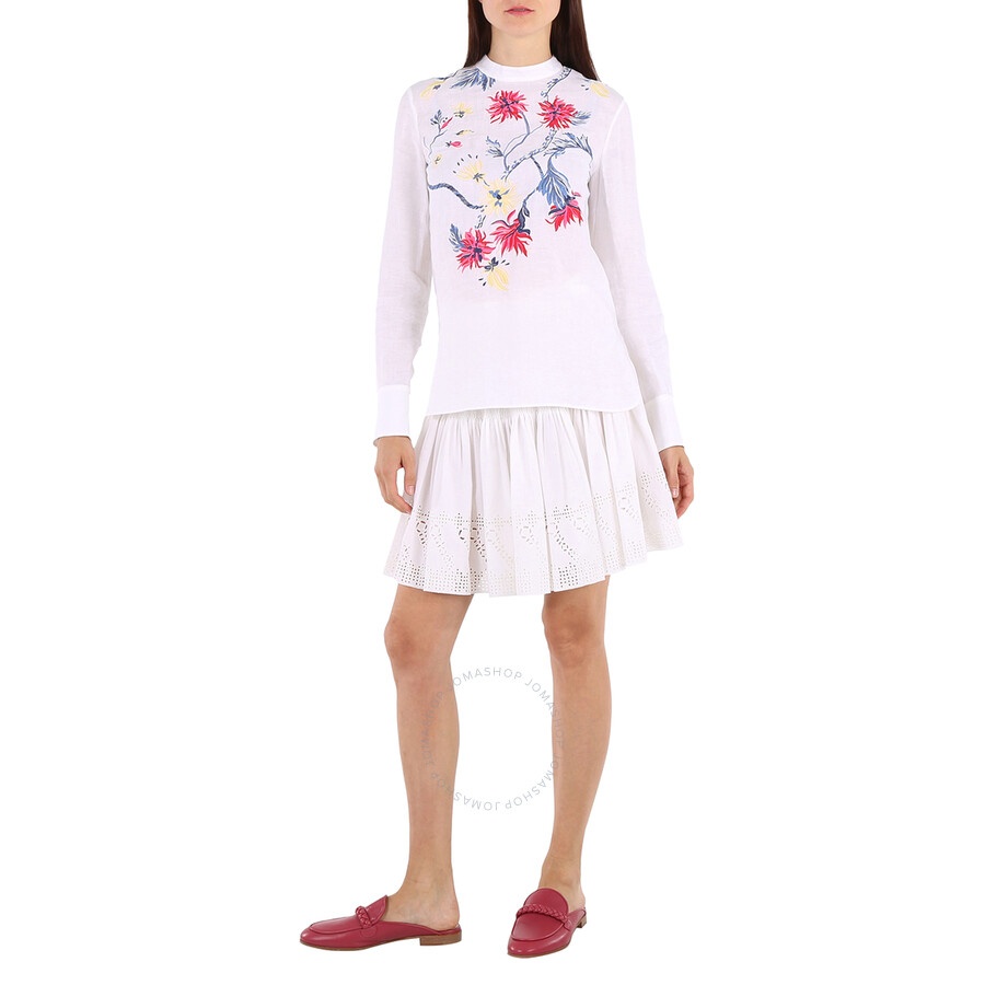 Chloe White Floral Embroidered Top In Linen Canvas - 4