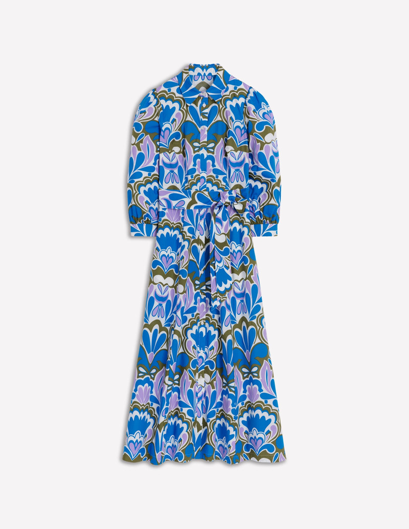 Clara Cotton Shirt Dress-Kingfisher Blue, Freesia Stamp 1