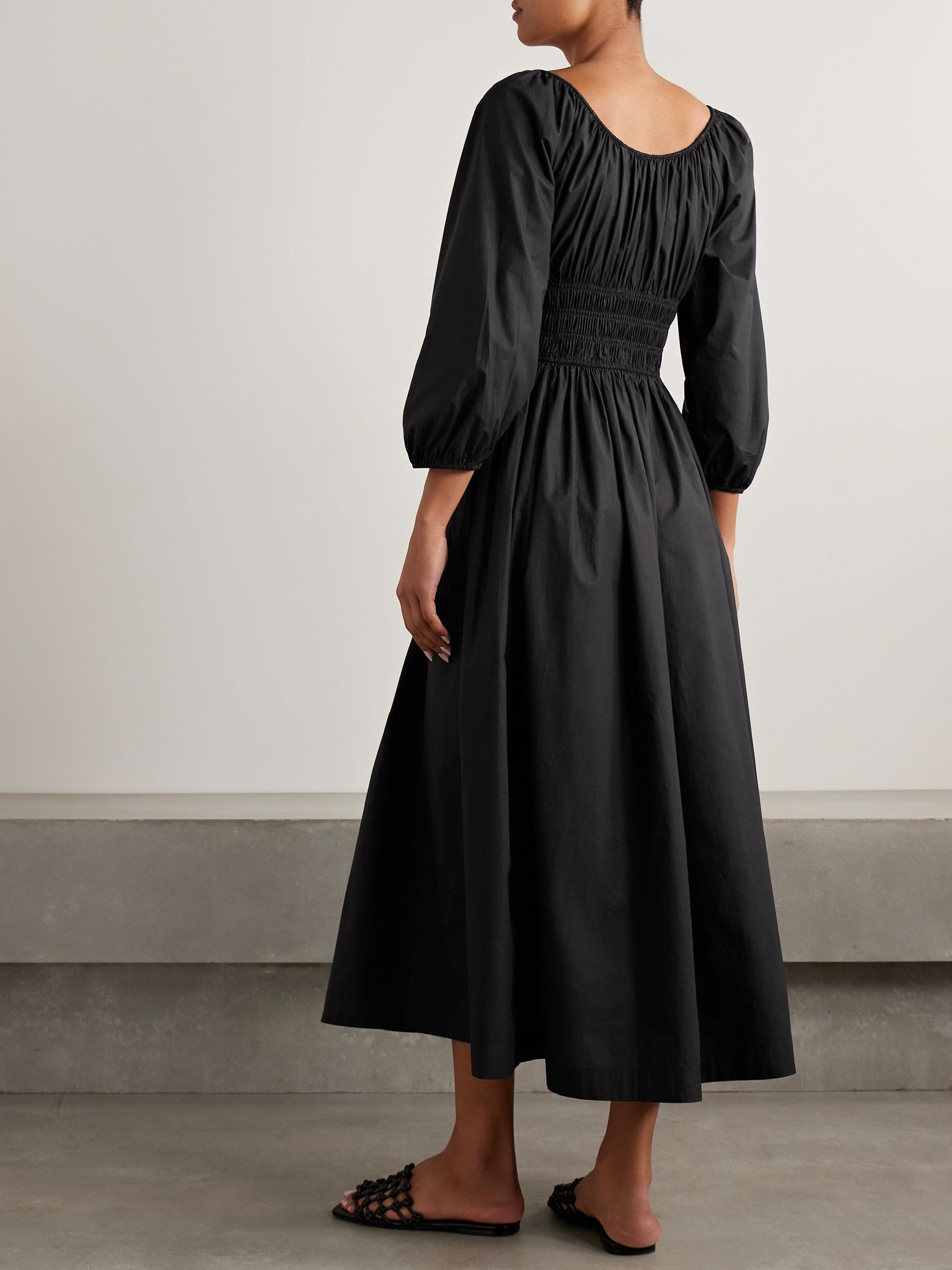 Quintessa tie-detailed shirred organic cotton-poplin midi dress Black - 3
