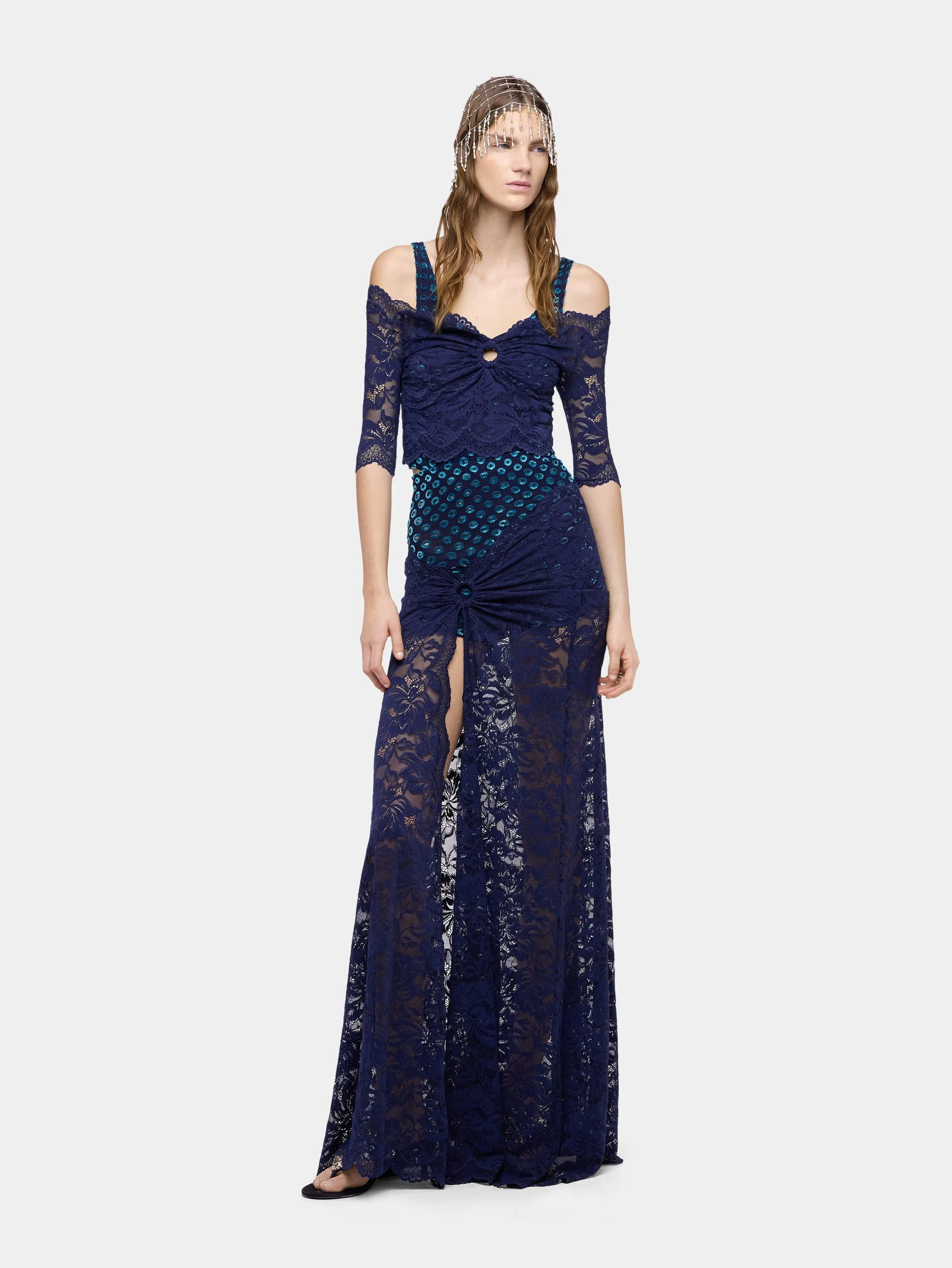 SHORT-SLEEVE NAVY BLUE TROMPE-L'ŒIL LACE TOP - 1