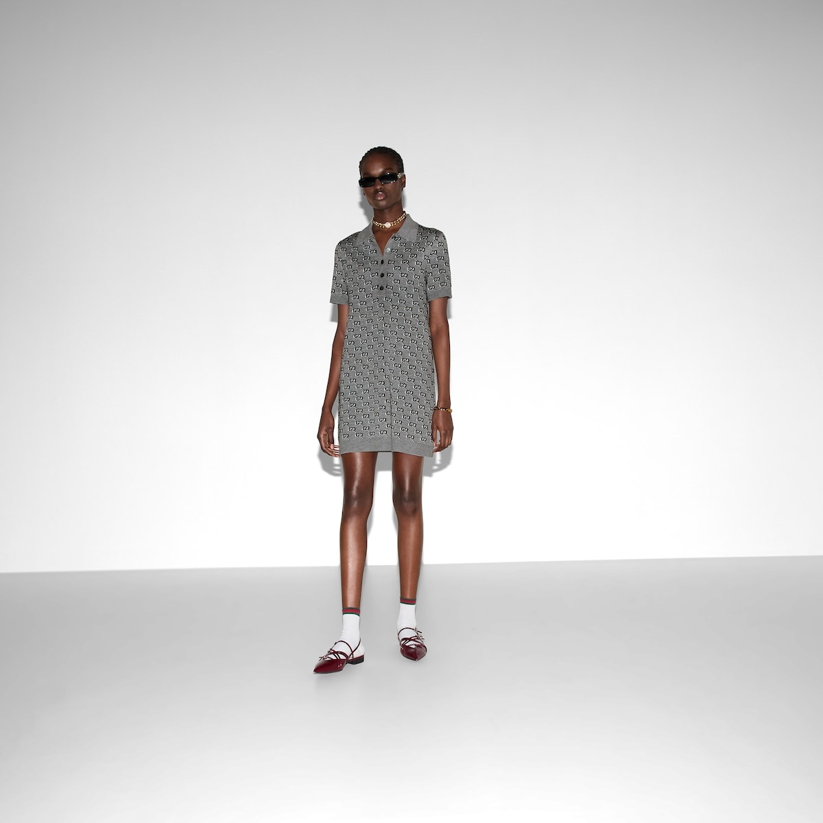 Wool jacquard polo dress with GG Shadow - 2