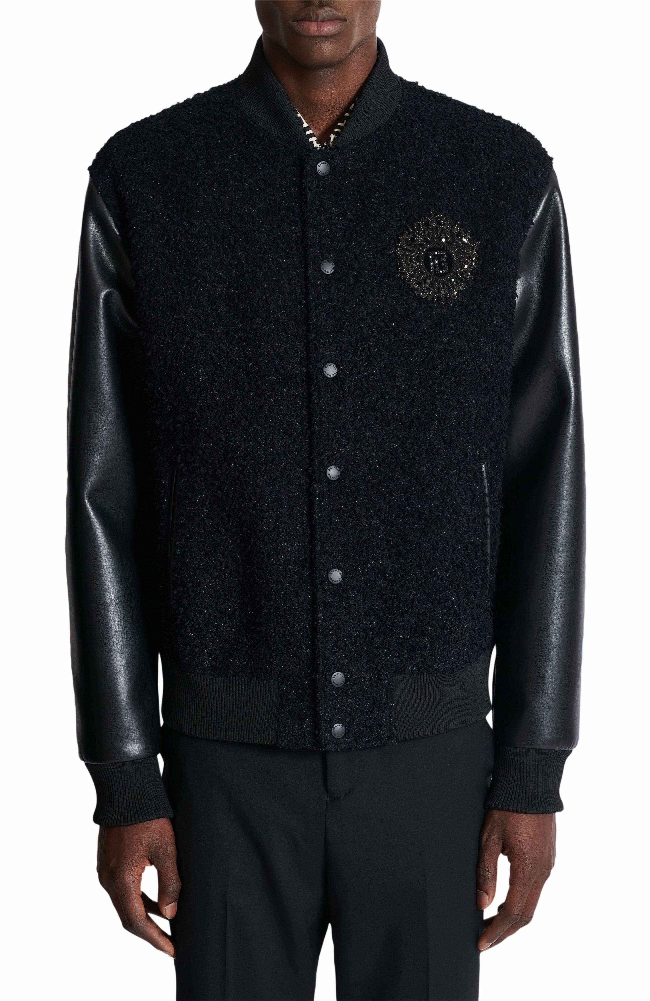 Balmain Varsity tweed and faux leather jacket in Black at Nordstrom - 7
