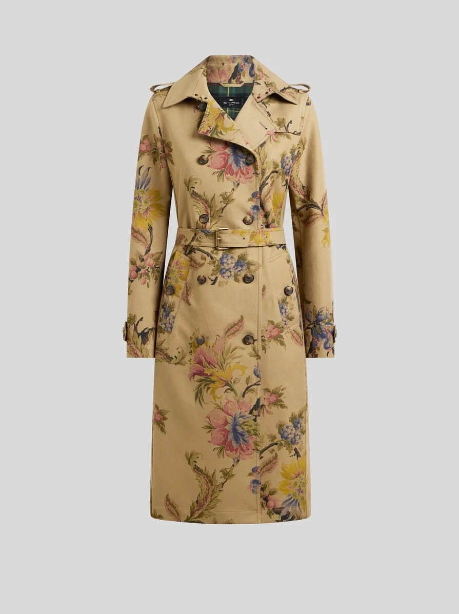 COTTON GABARDINE TRENCH COAT WITH FLORAL MOTIF - 1