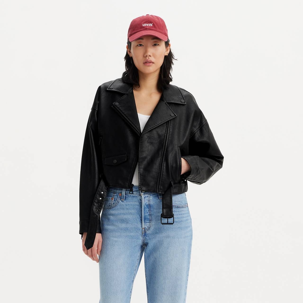 BELTED CROP MOTO JACKET - 1