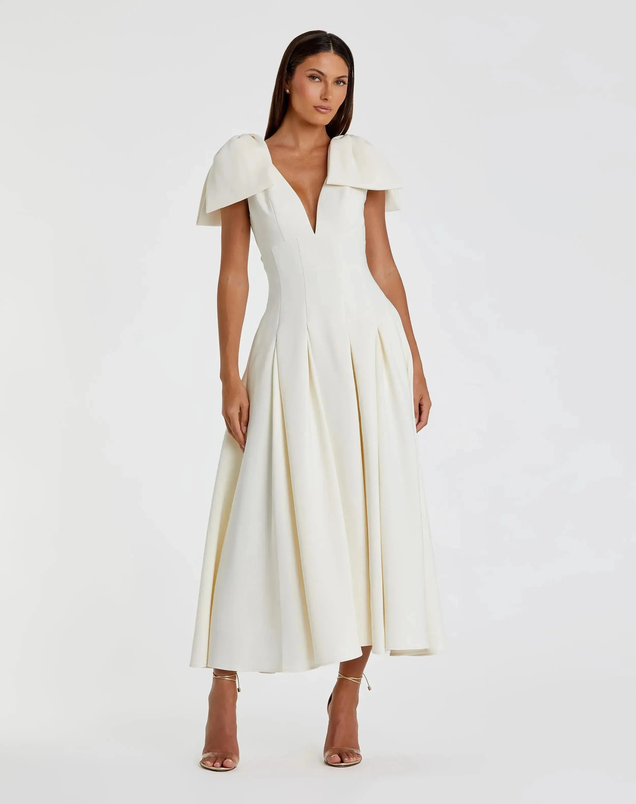 Ivory Crepe A Line Midi Dress With Bow Straps - 1
