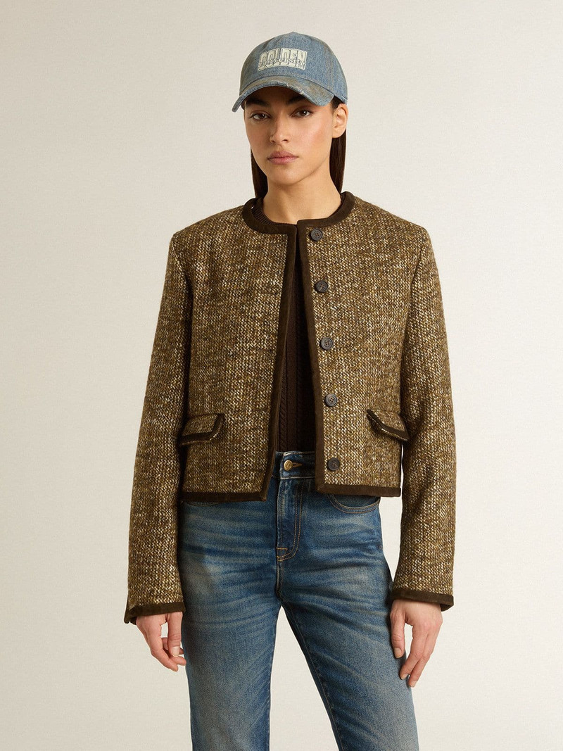 Golden Goose Women's Journey jacket in wool tweed with coffee-colored suede details outlook