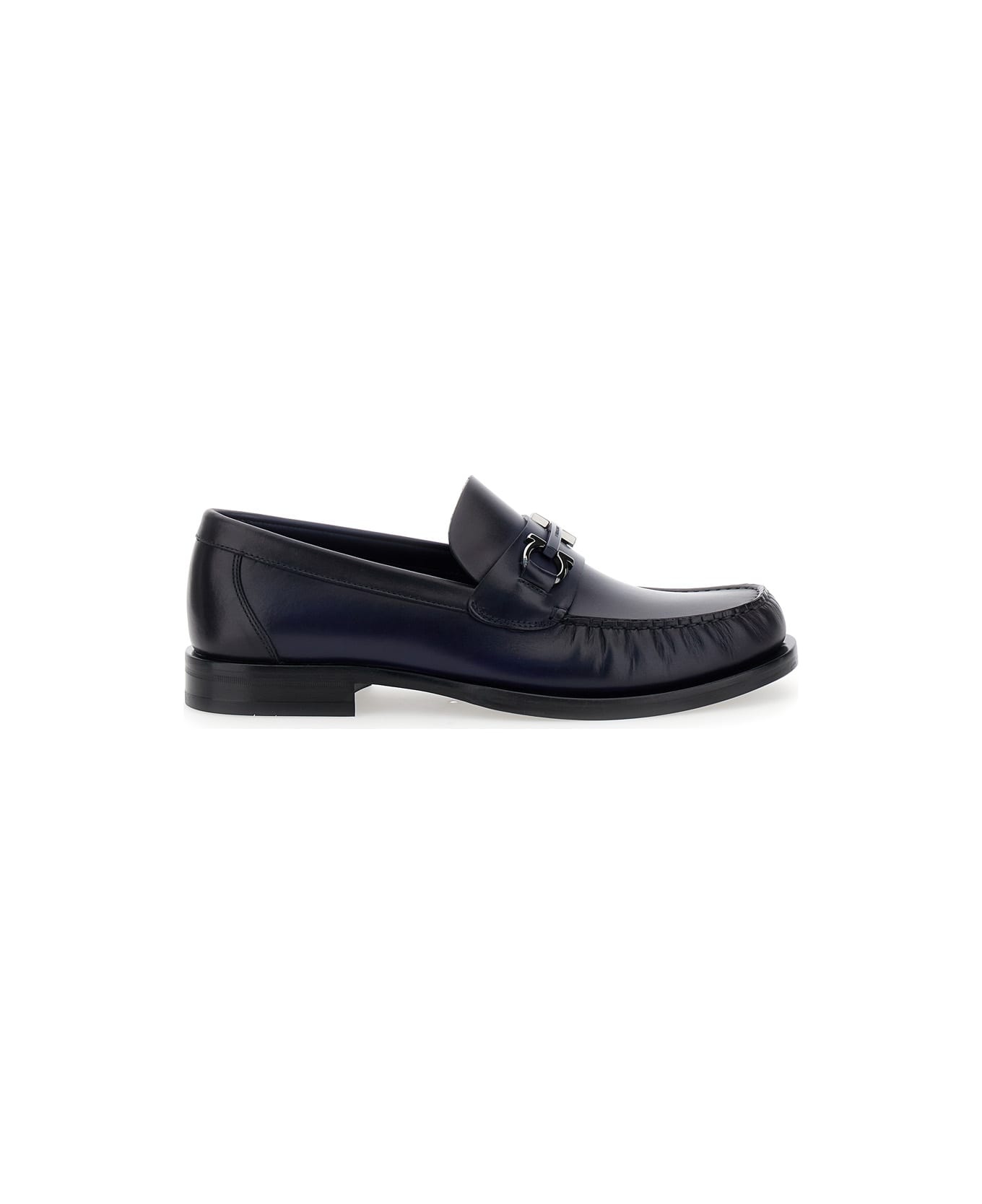 'fort' Blue Slip-on Loafers With Gancini Detail In Brushed Leather Man - 1