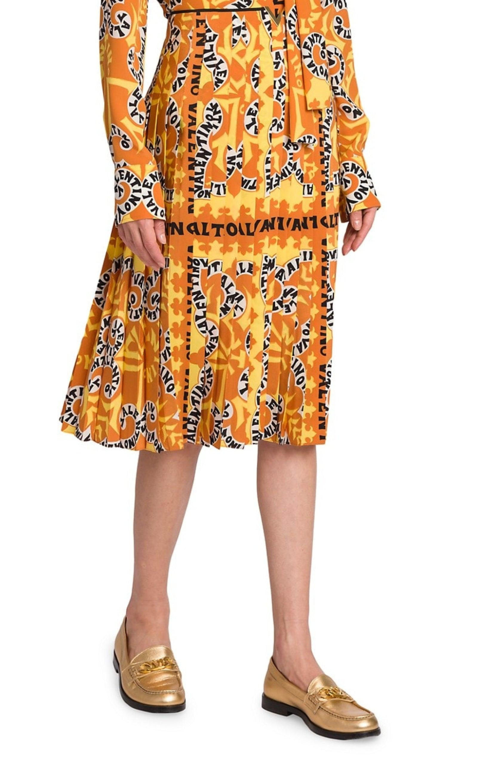 Pleated Logo Print Silk Midi Skirt - 3