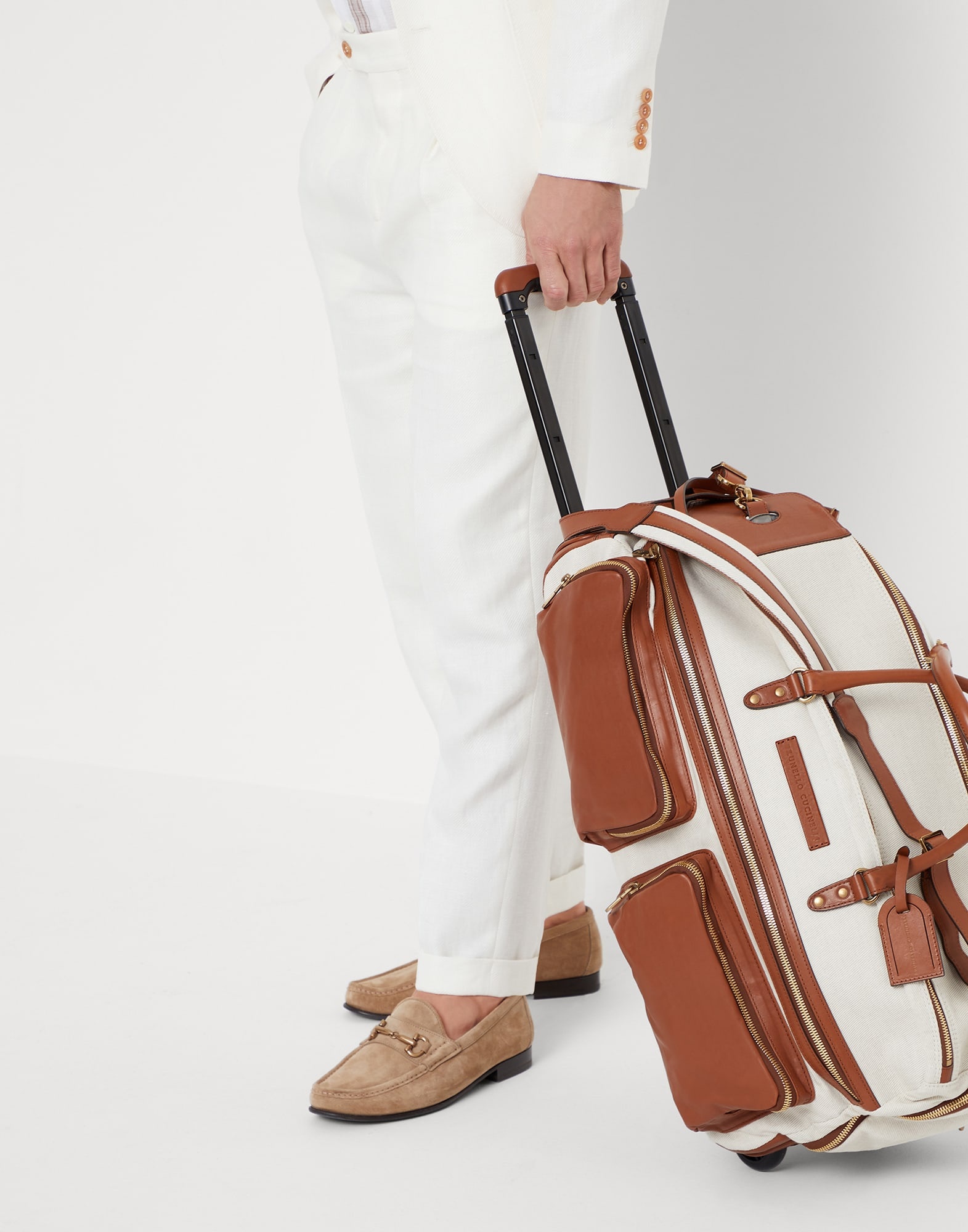 Cotton and linen cavalry and calfskin trolley bag - 4