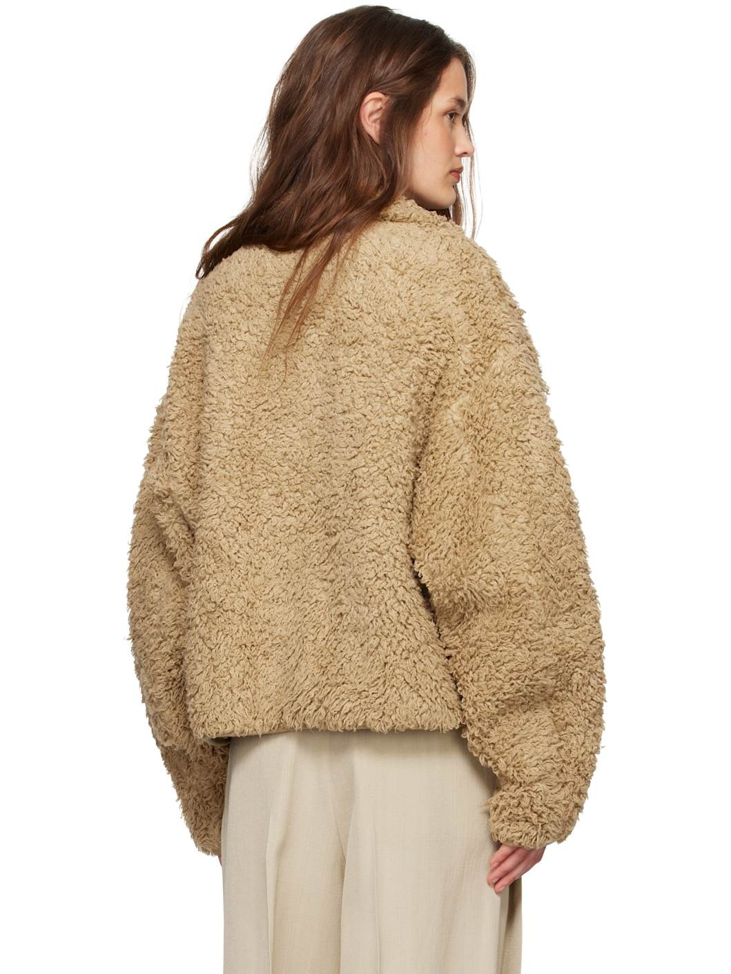 Beige Cotton Fleece Zip-Up Jacket - 3