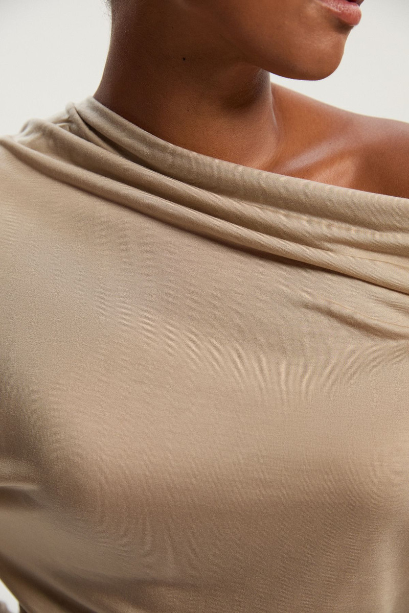Plus Size Tencel Ruched Asymmetric Neck Long Sleeve Top 3