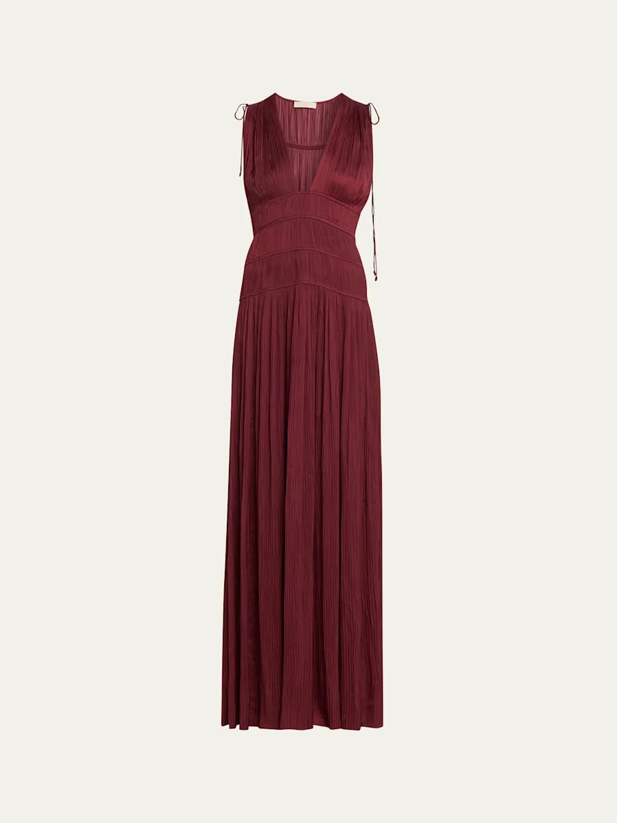 Tasneem Pleated Deep-V Satin Gown - 1