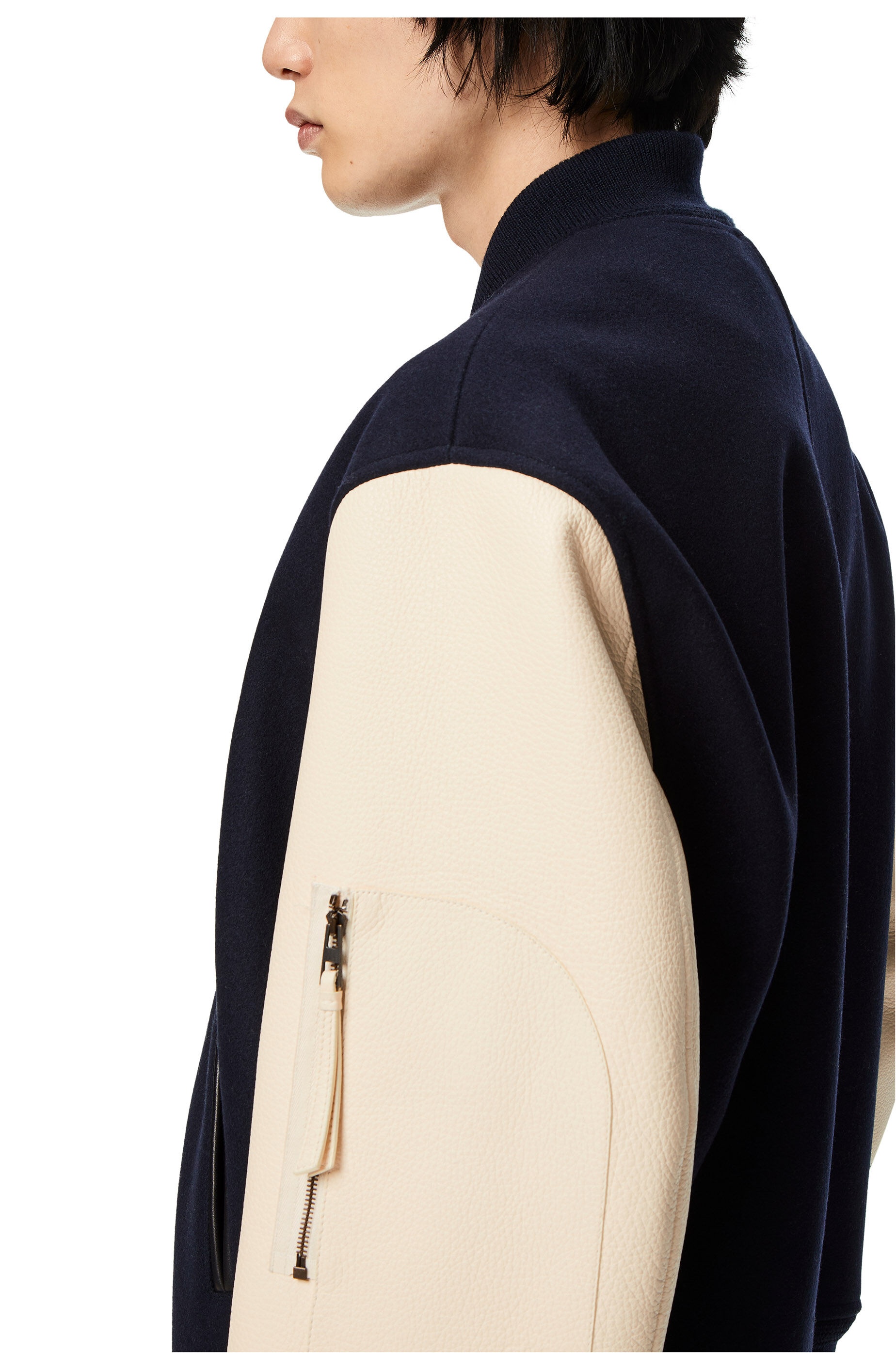 Leather sleeve bomber in wool - 5