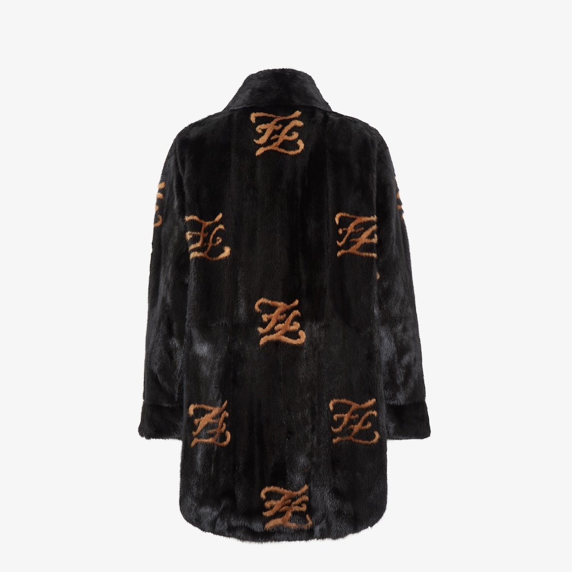 Coat with shirt collar, side slits and rounded edging. Button fastening. Made of black mink. Inlaid  - 2