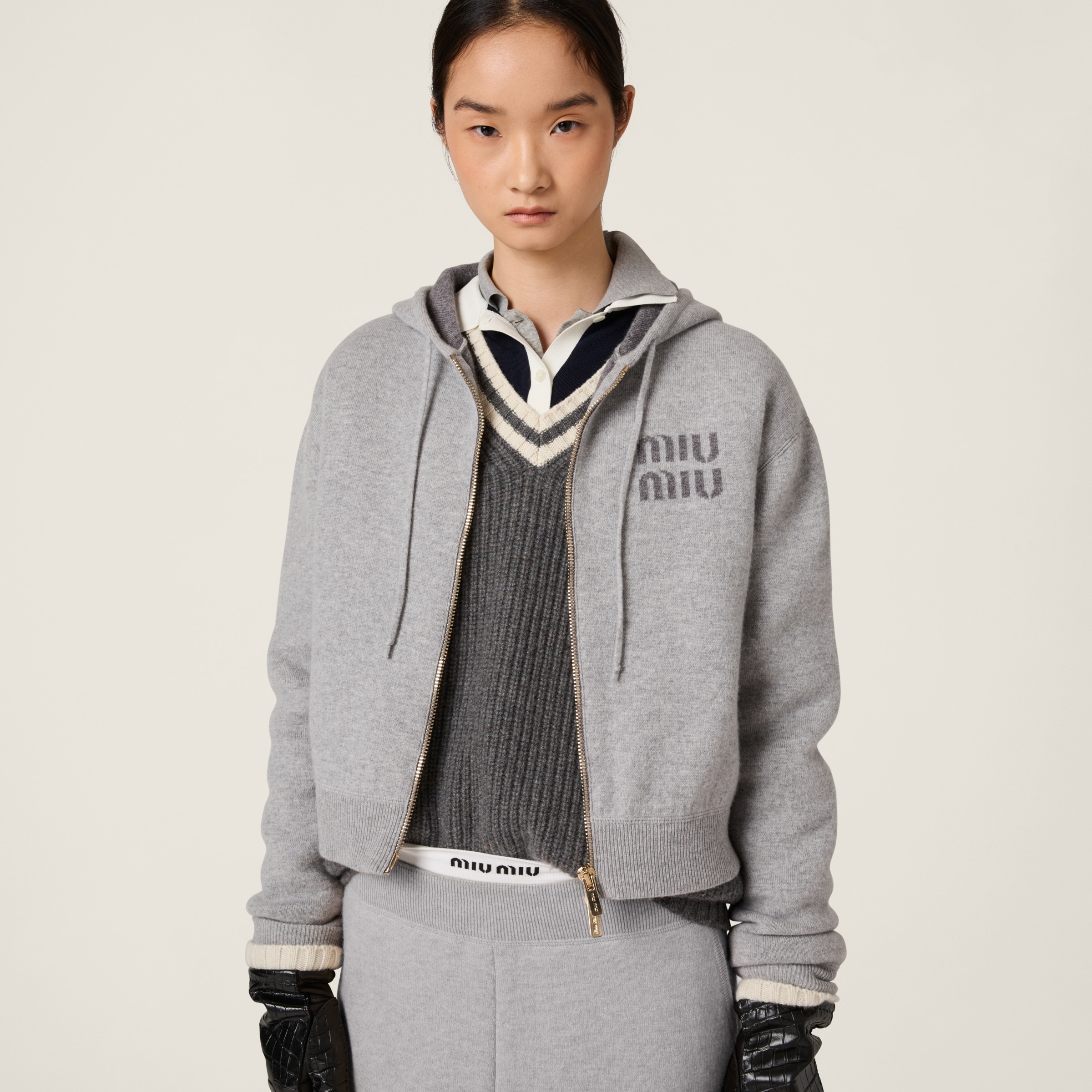 Double cashmere zipper hoodie cardigan - 2
