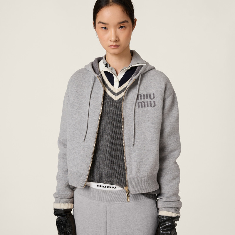 Miu Miu Double cashmere zipper hoodie cardigan outlook