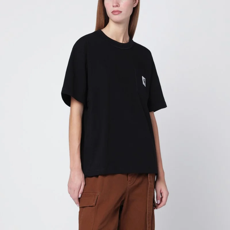 Black cotton T-shirt with logo patch - 1