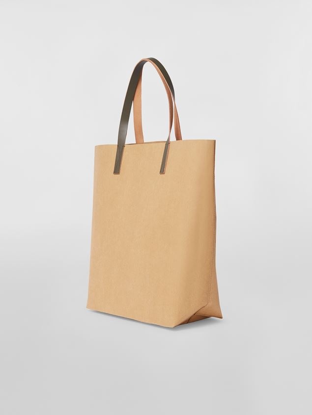 BEIGE CELLULOSE SHOPPING BAG WITH CALFSKIN HANDLES AND DISTORTED MARNI LOGO - 3