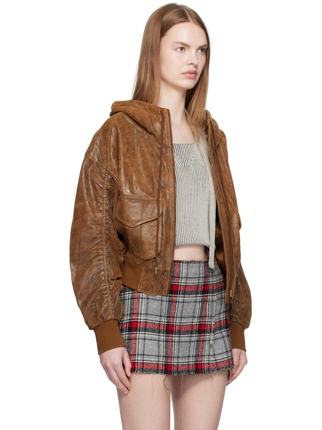 Tan Shirred Oversized Leather Bomber Jacket - 2