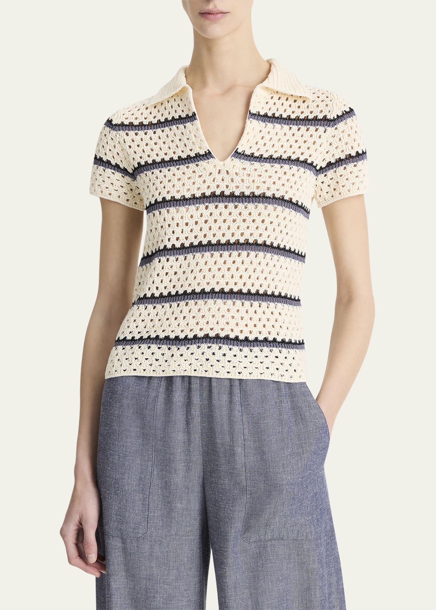 Stripe Short-Sleeve Macrame Top - 3