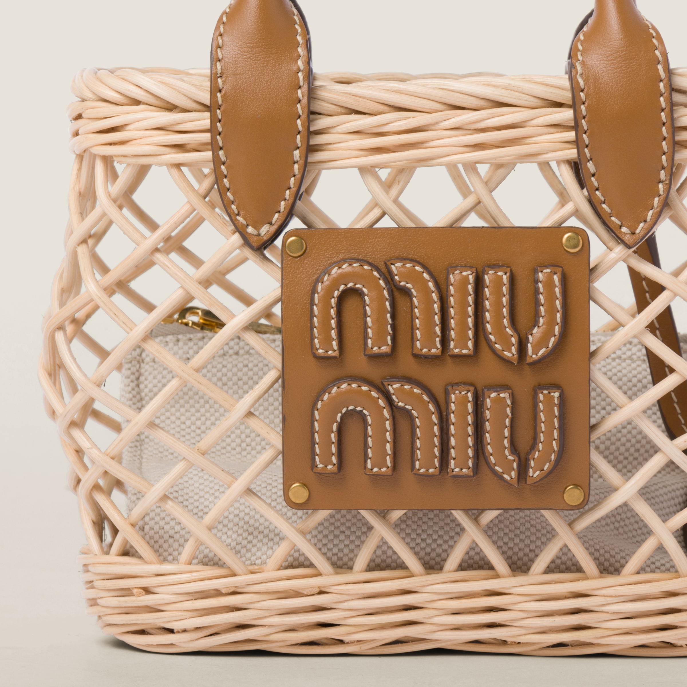 Woven fabric handbag with leather trim - 5