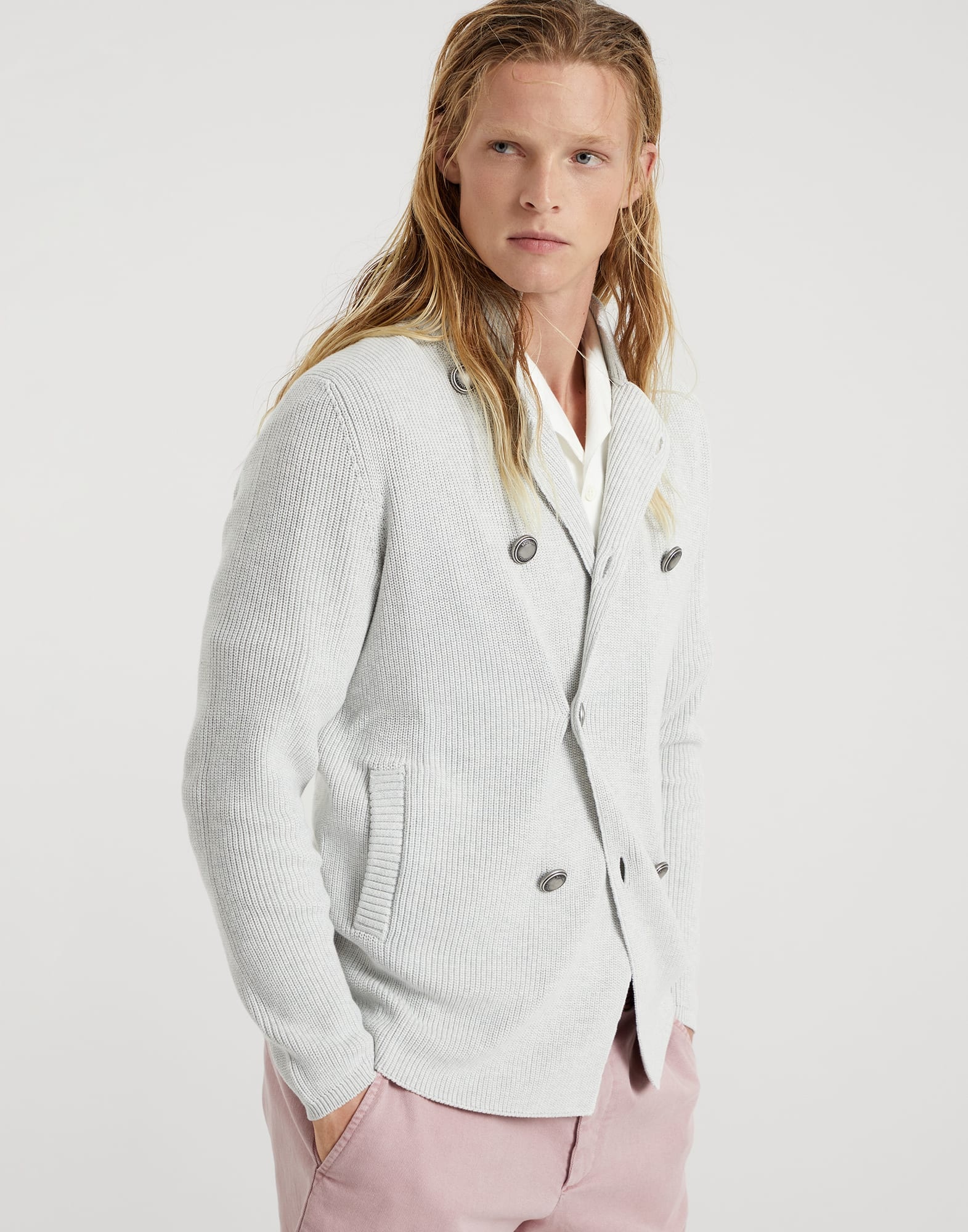 Garza cotton half English rib double-breasted cardigan with metal buttons - 1