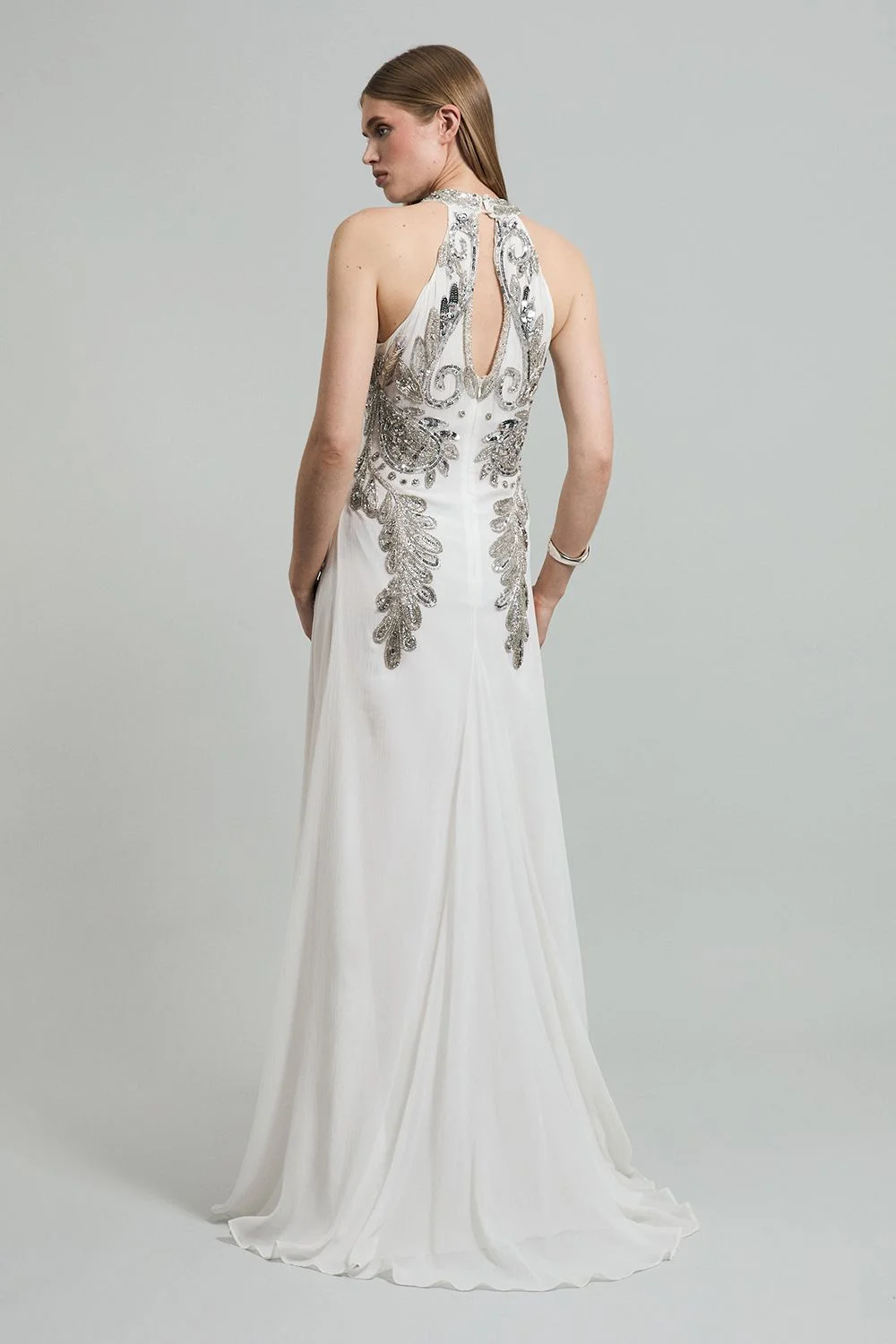 Halter Neck Bugle Bead Detail Woven Maxi Dress - 1
