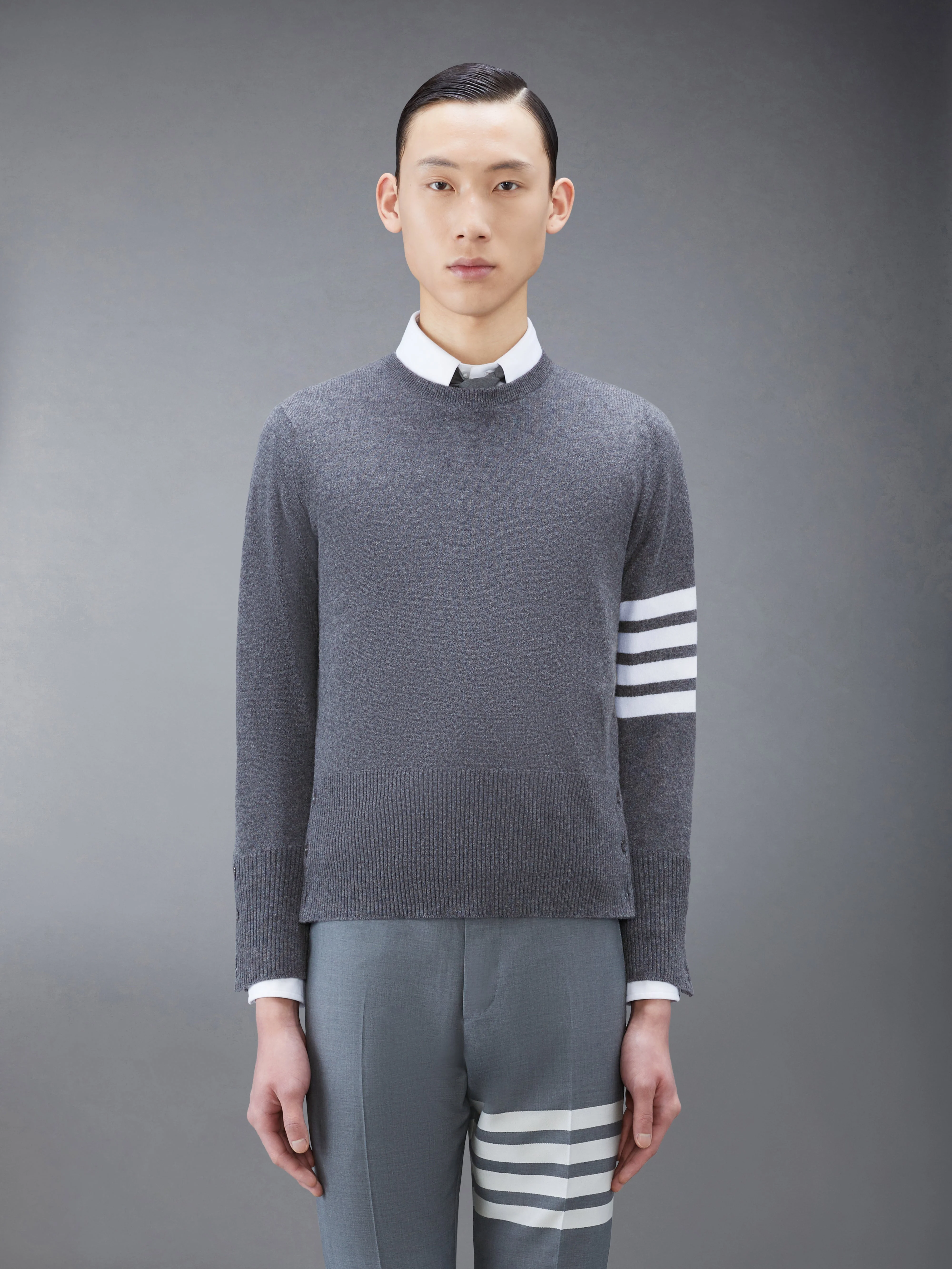Dark Grey Cashmere 4-bar Crew Neck Pullover - 1