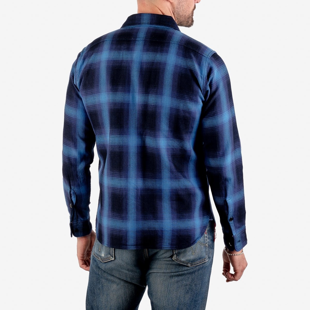 IHSH-349-IND 9oz Selvedge Ombré Check Work Shirt - Indigo - 3