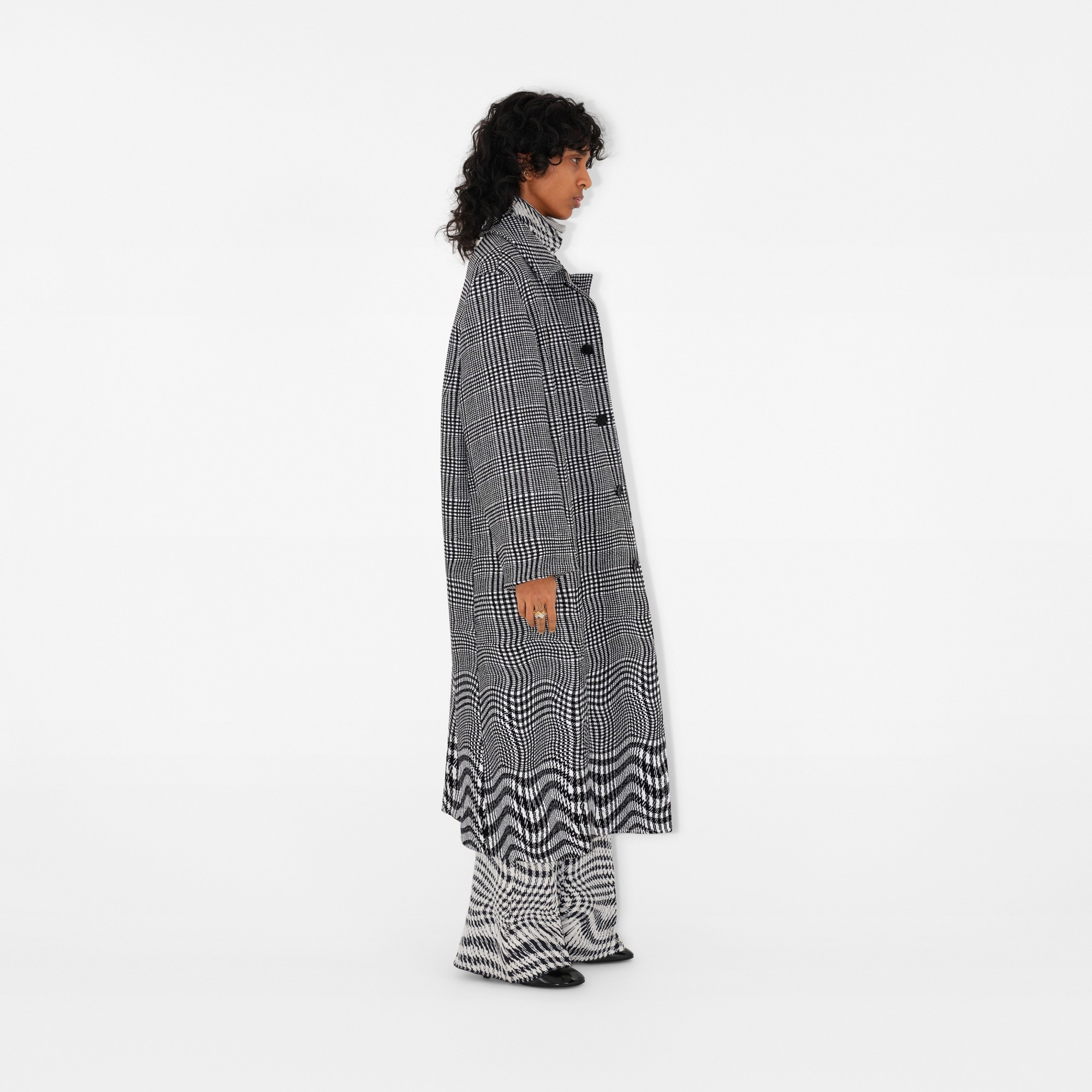 Long Warped Houndstooth Silk Blend Car Coat - 3