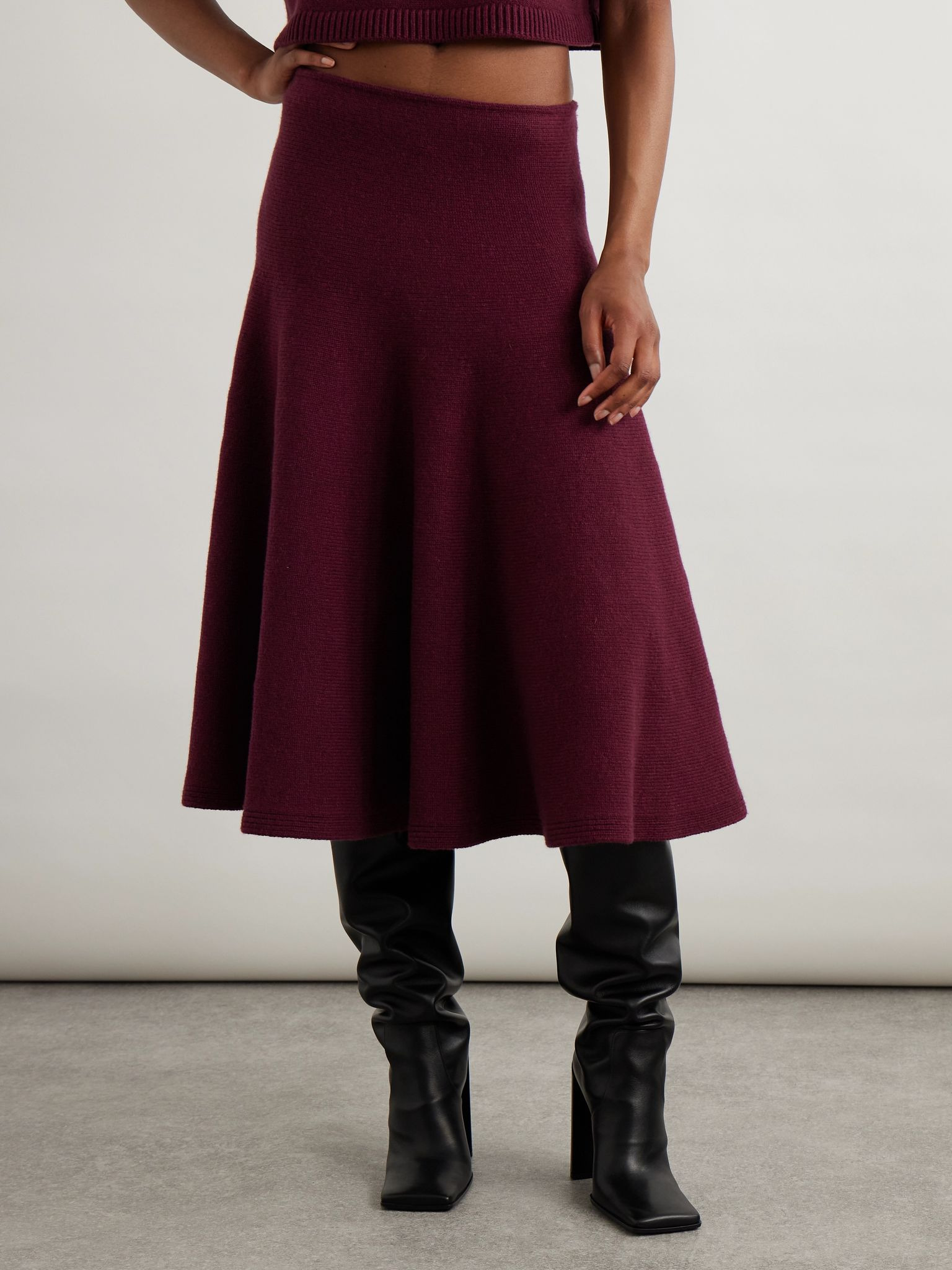 Pleated knitted cashmere-blend midi skirt Burgundy - 3
