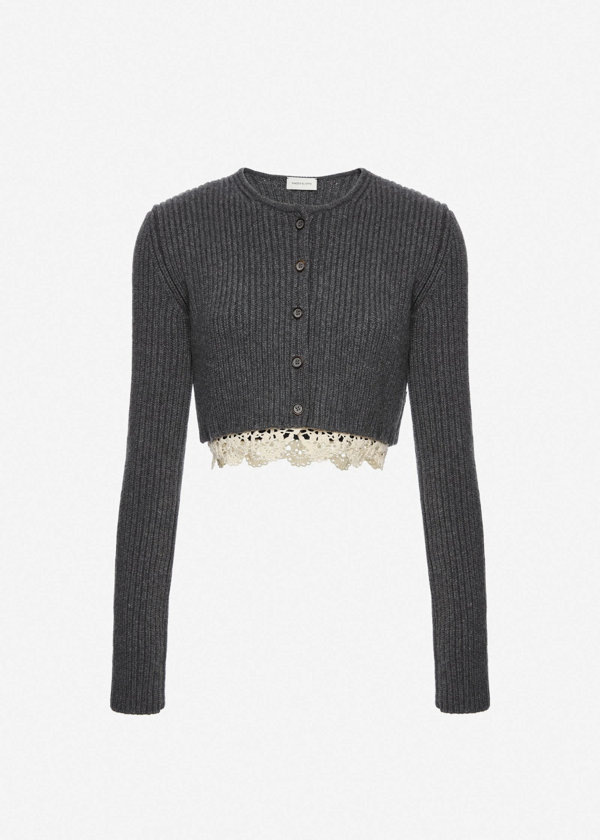 Long-sleeve crochet-trim cropped cardigan in grey - 1