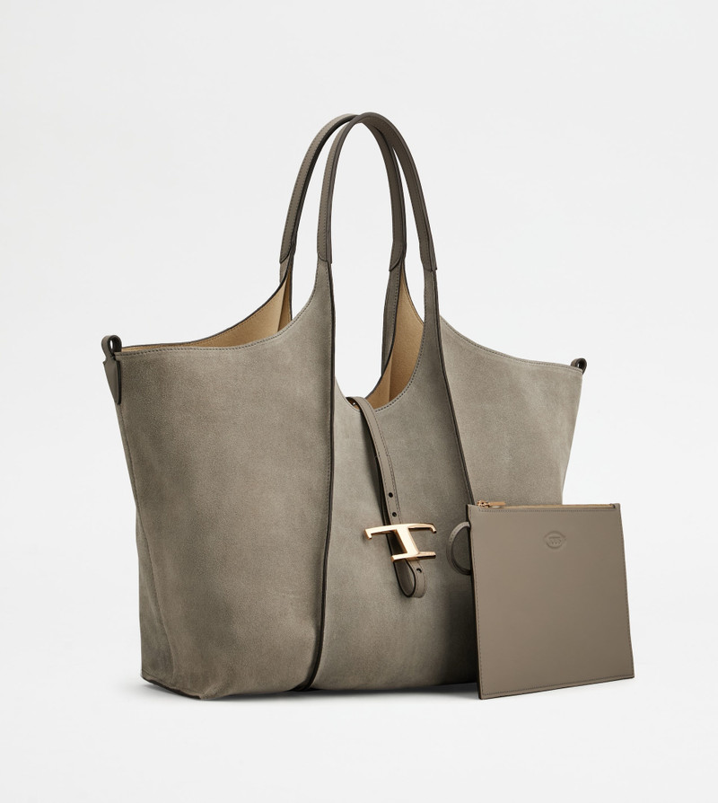 Tod's T TIMELESS SHOPPING BAG IN SUEDE MEDIUM - GREY outlook
