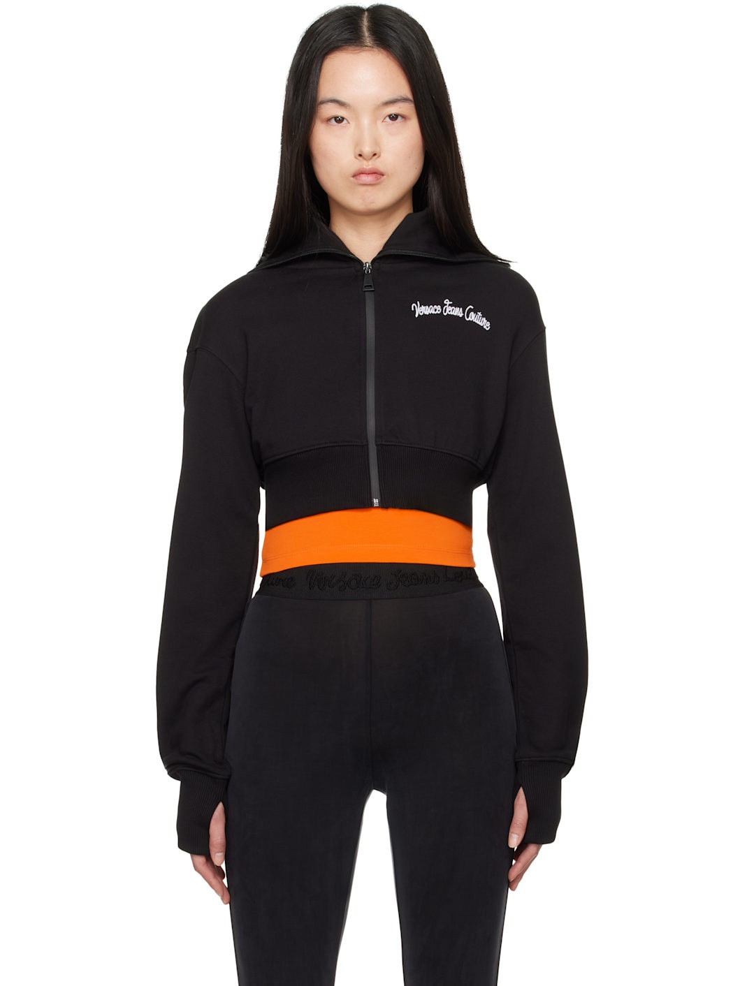 Black Embroidered Logo Crop Zip Hoodie - 1