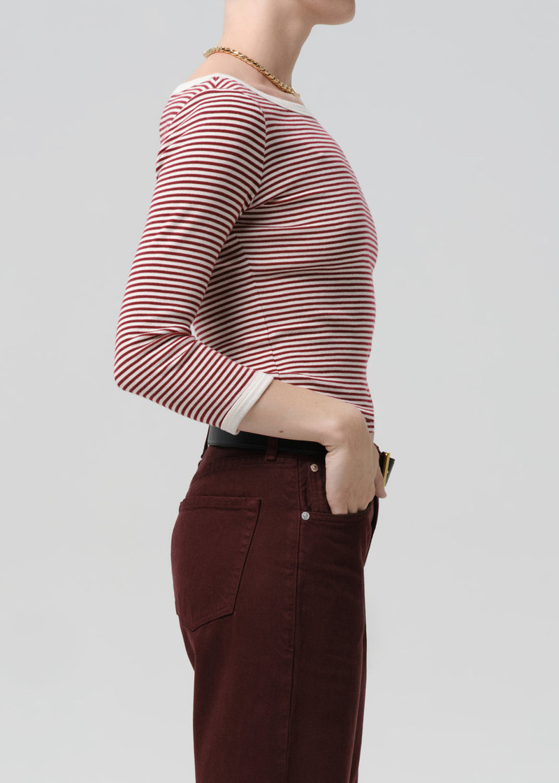Boat Neck Slim Tee In Burgundy Cream Stripe 4