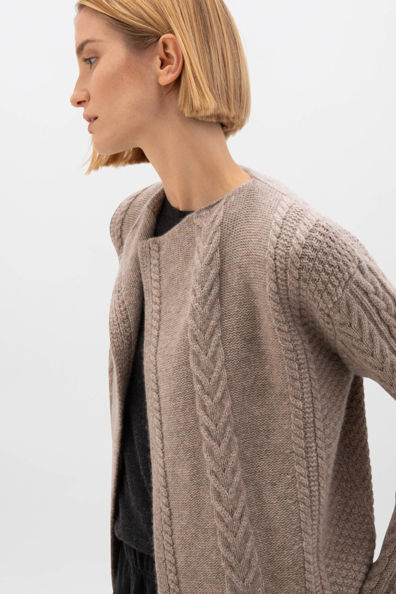 Johnstons of Elgin Aran Cable Cashmere Brown Waterfall Cardigan outlook