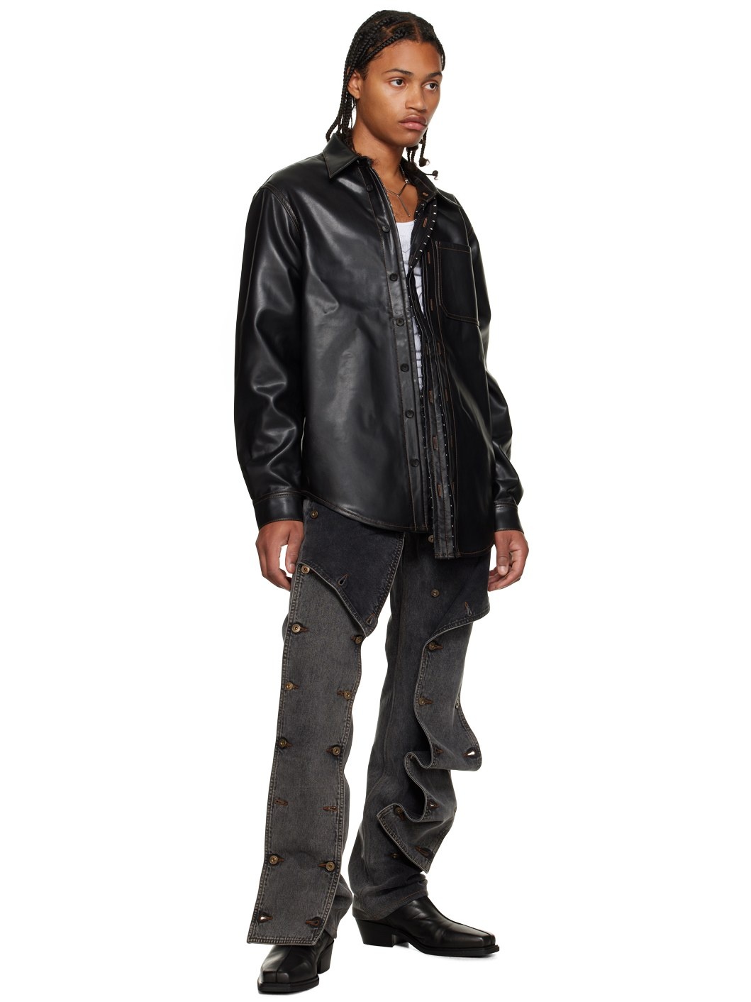 Black Hook-Eye Faux-Leather Shirt - 5
