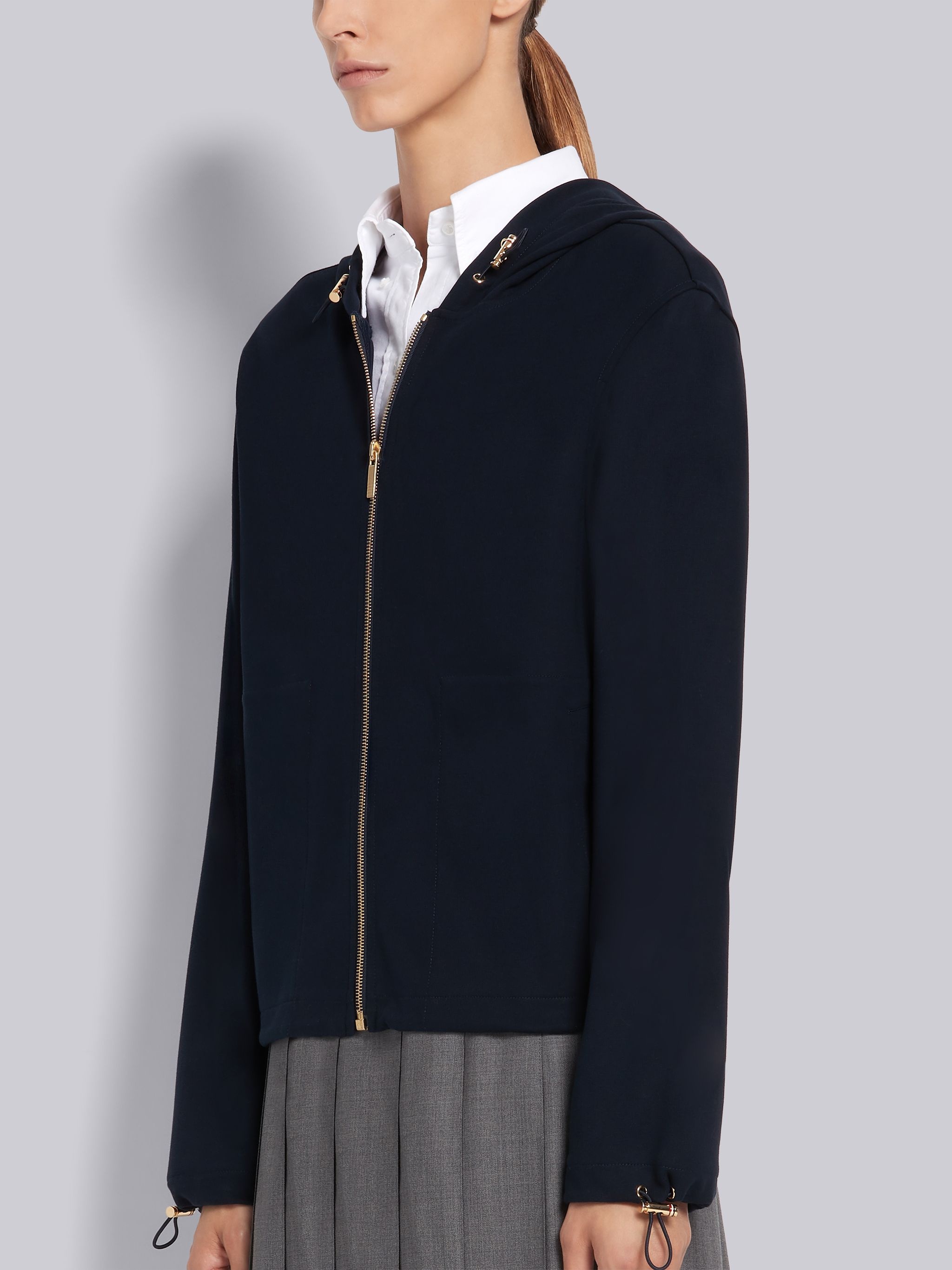 Navy High Twist Cotton Center Back Stripe Boxy Zip-up Parka - 3