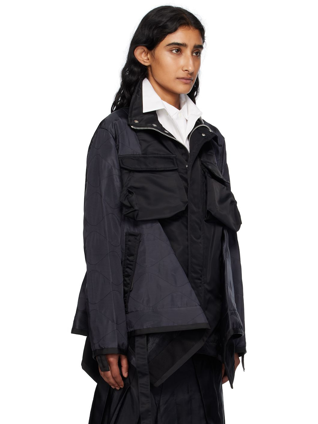 Black Nylon Twill Mix Coat - 2