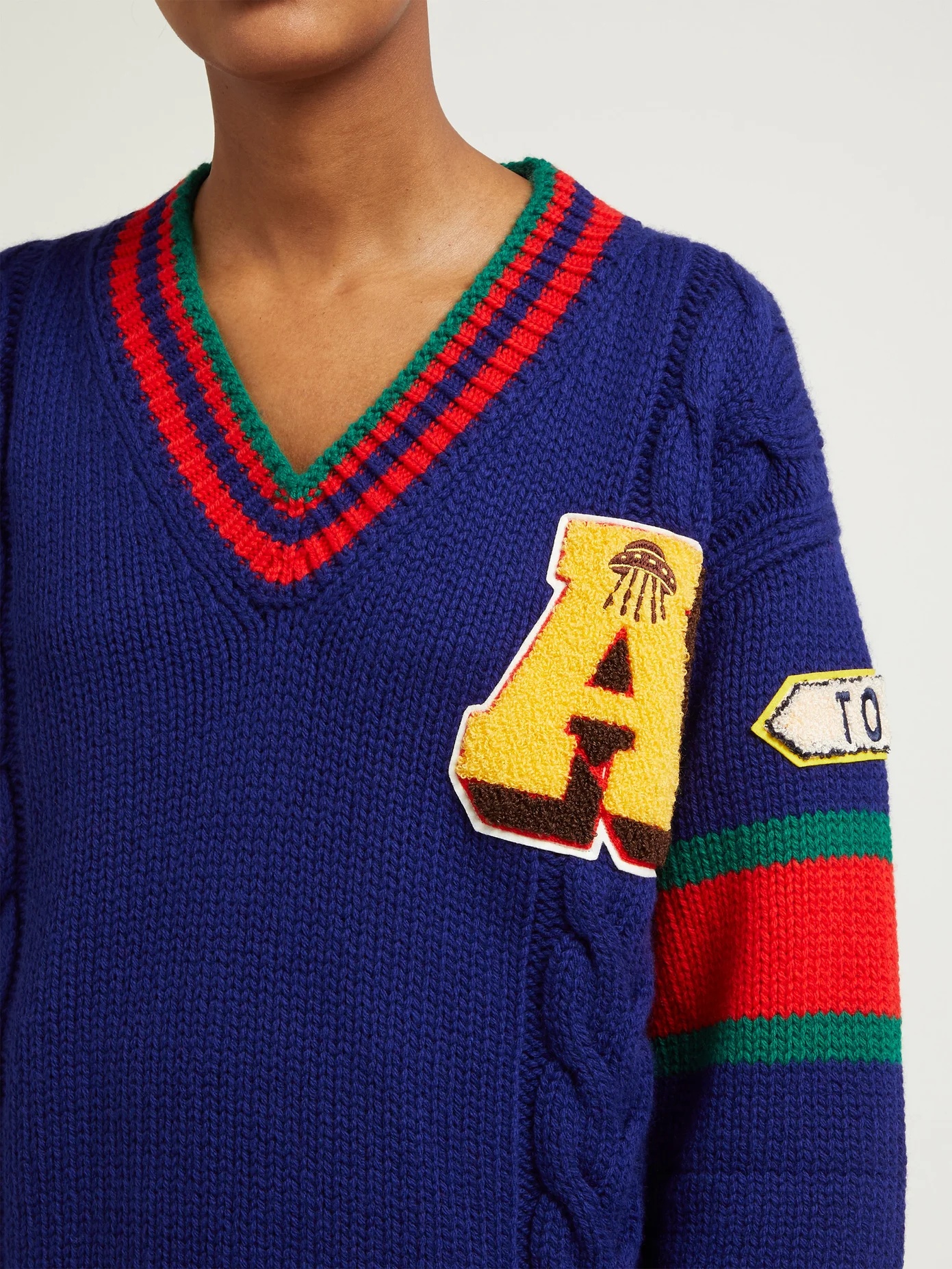 Terrycloth-appliqué V-neck wool sweater - 5