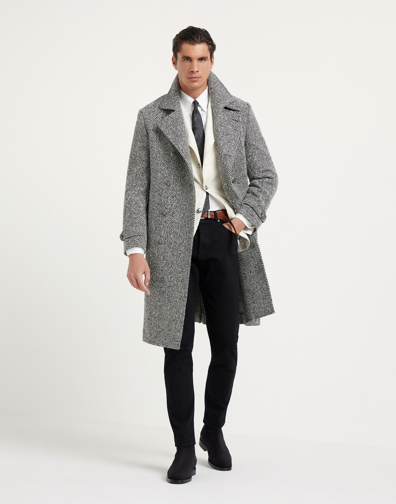 Virgin wool chevron one-and-a-half breasted coat with metal buttons - 5