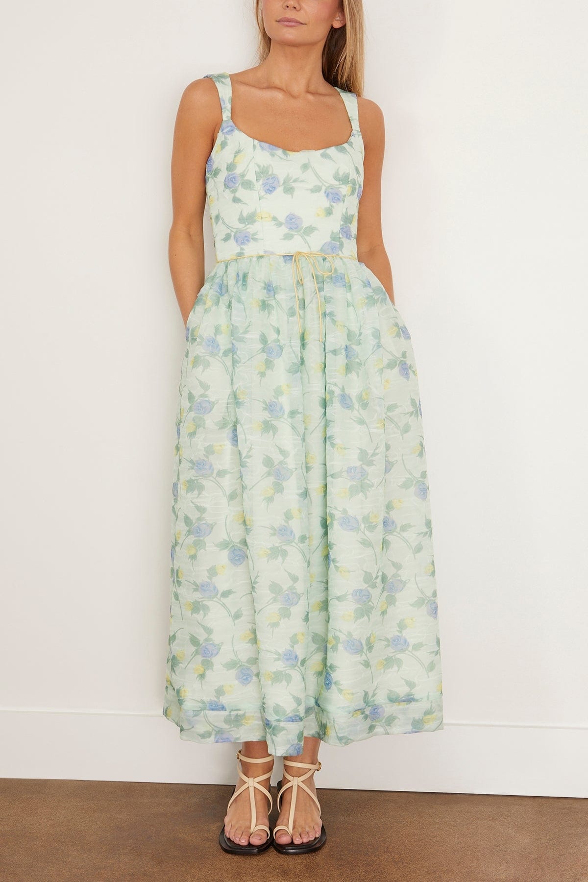 Apple Corset Midi Dress in Blue and Green Floral Organza - 3