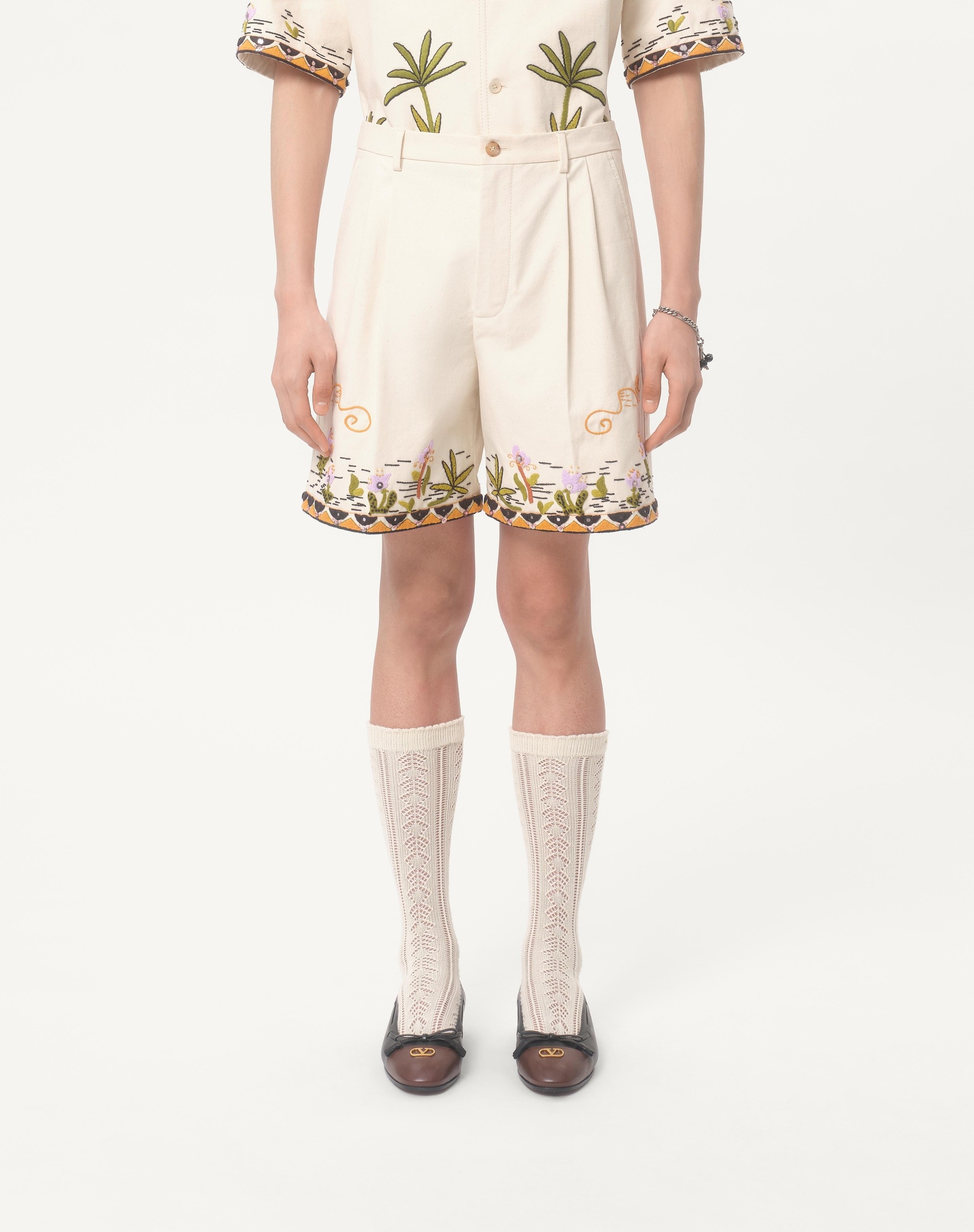 COTTON CANVAS BERMUDA SHORTS WITH FLORAL EMBROIDERY AND JACQUARD TRIMMINGS - 3