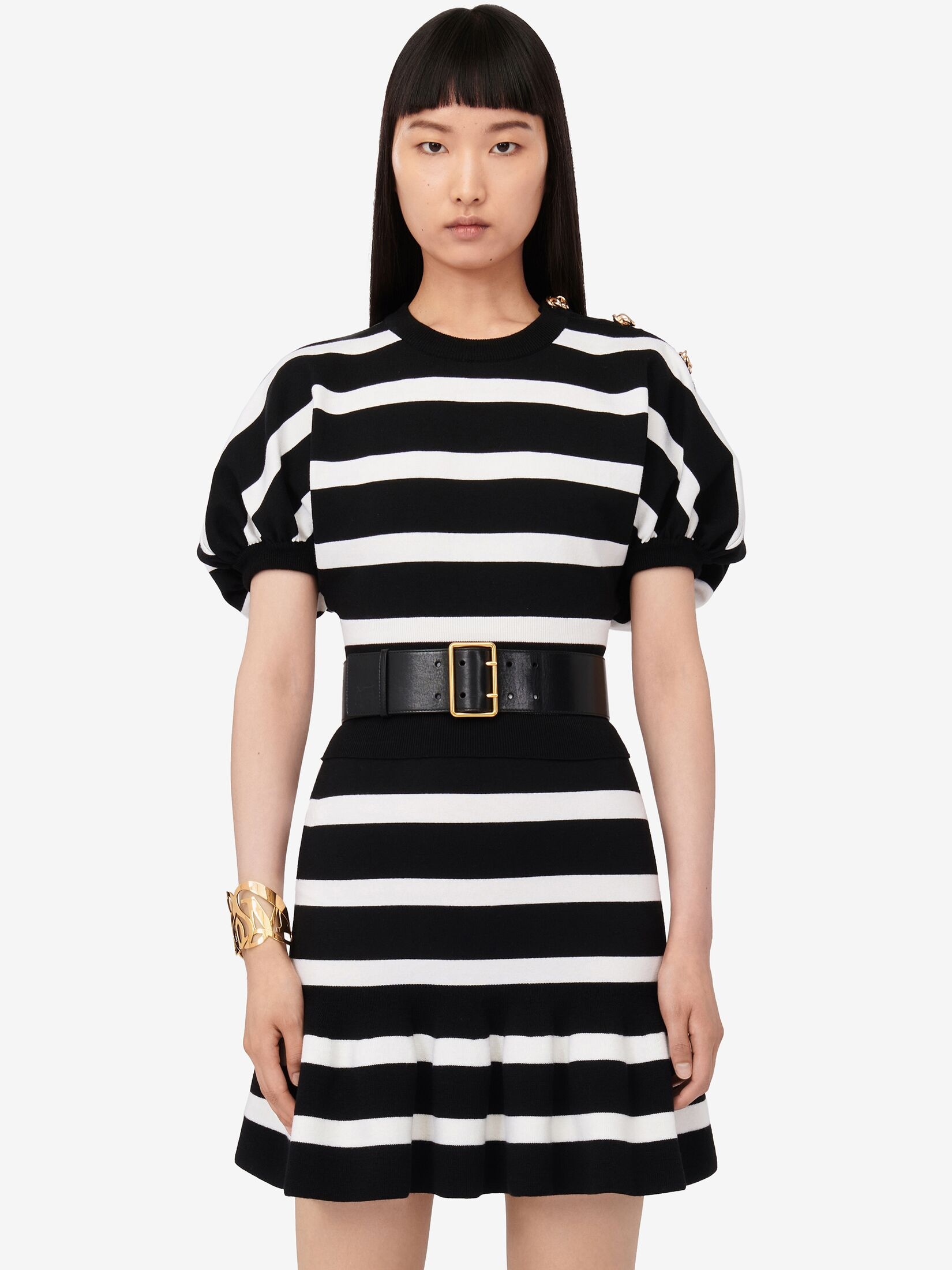 Women's Striped Ruffle Mini Skirt in Black/ivory - 6
