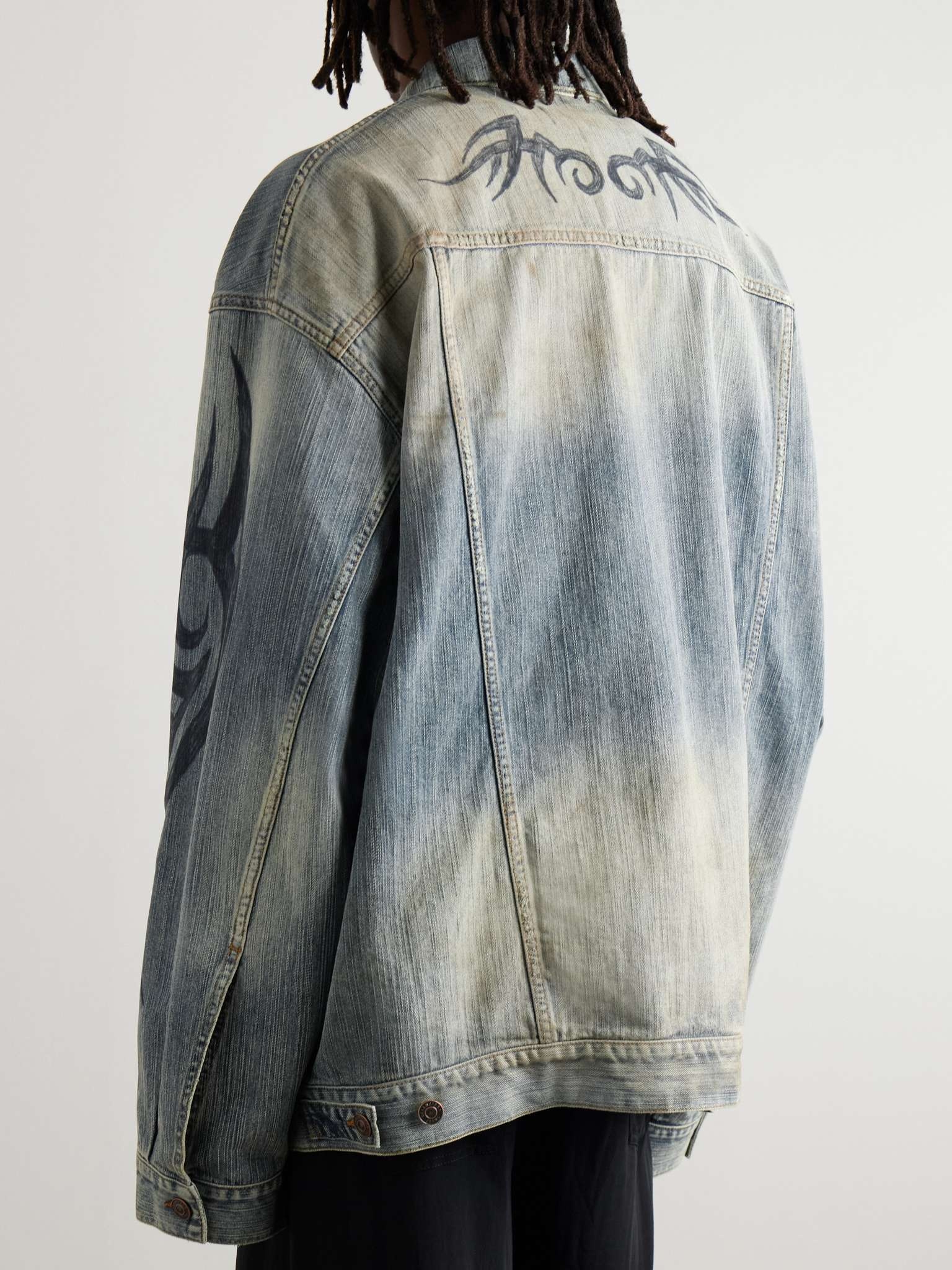 Oversized Distressed Printed Denim Jacket - 4