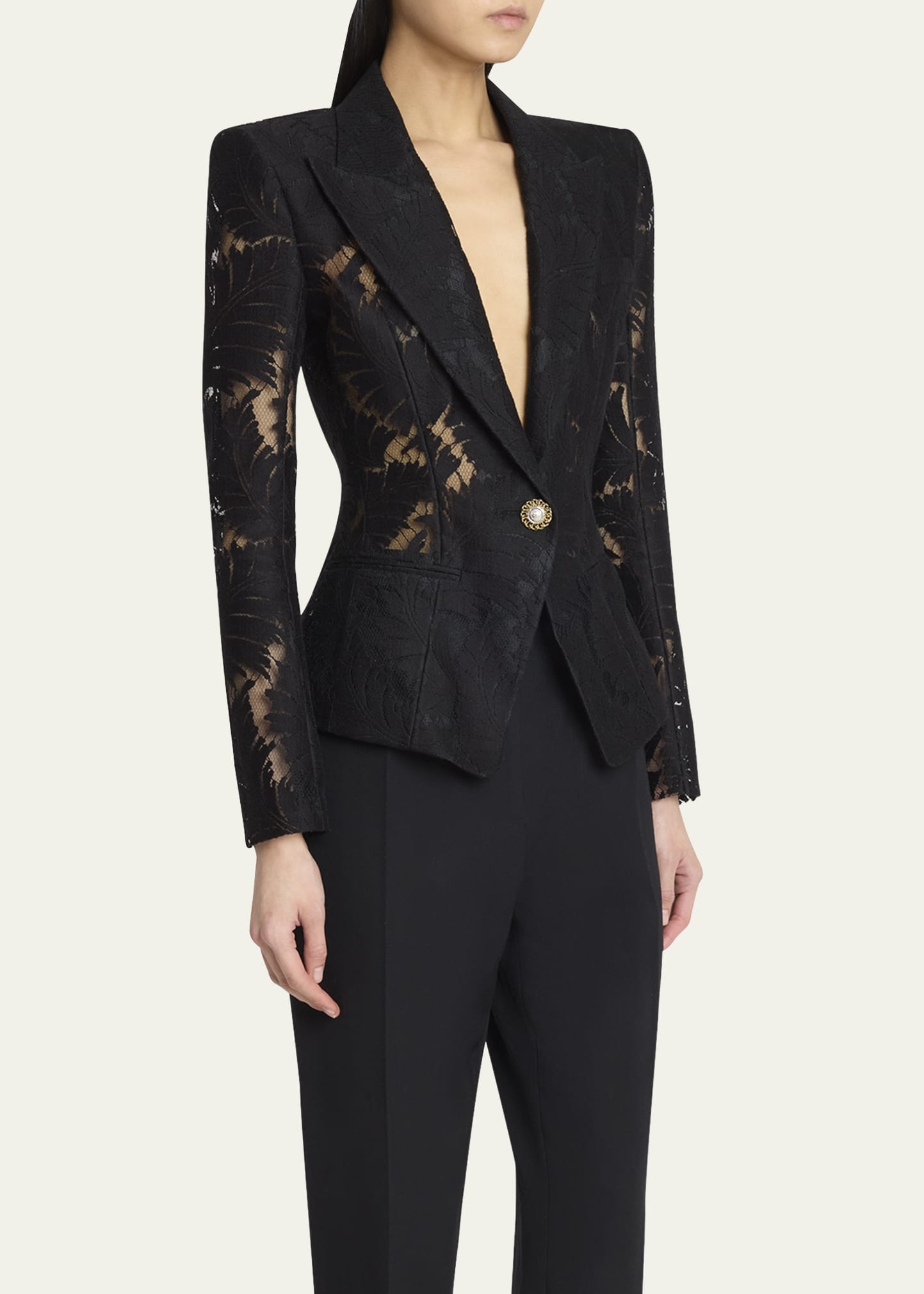 Single-Breasted Fitted Lace Jacket - 4