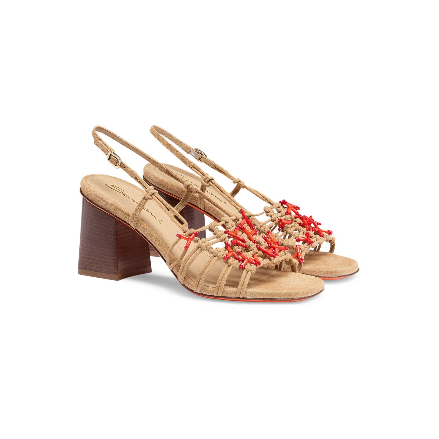 Women's beige suede and corals mid-heel sandal - 3