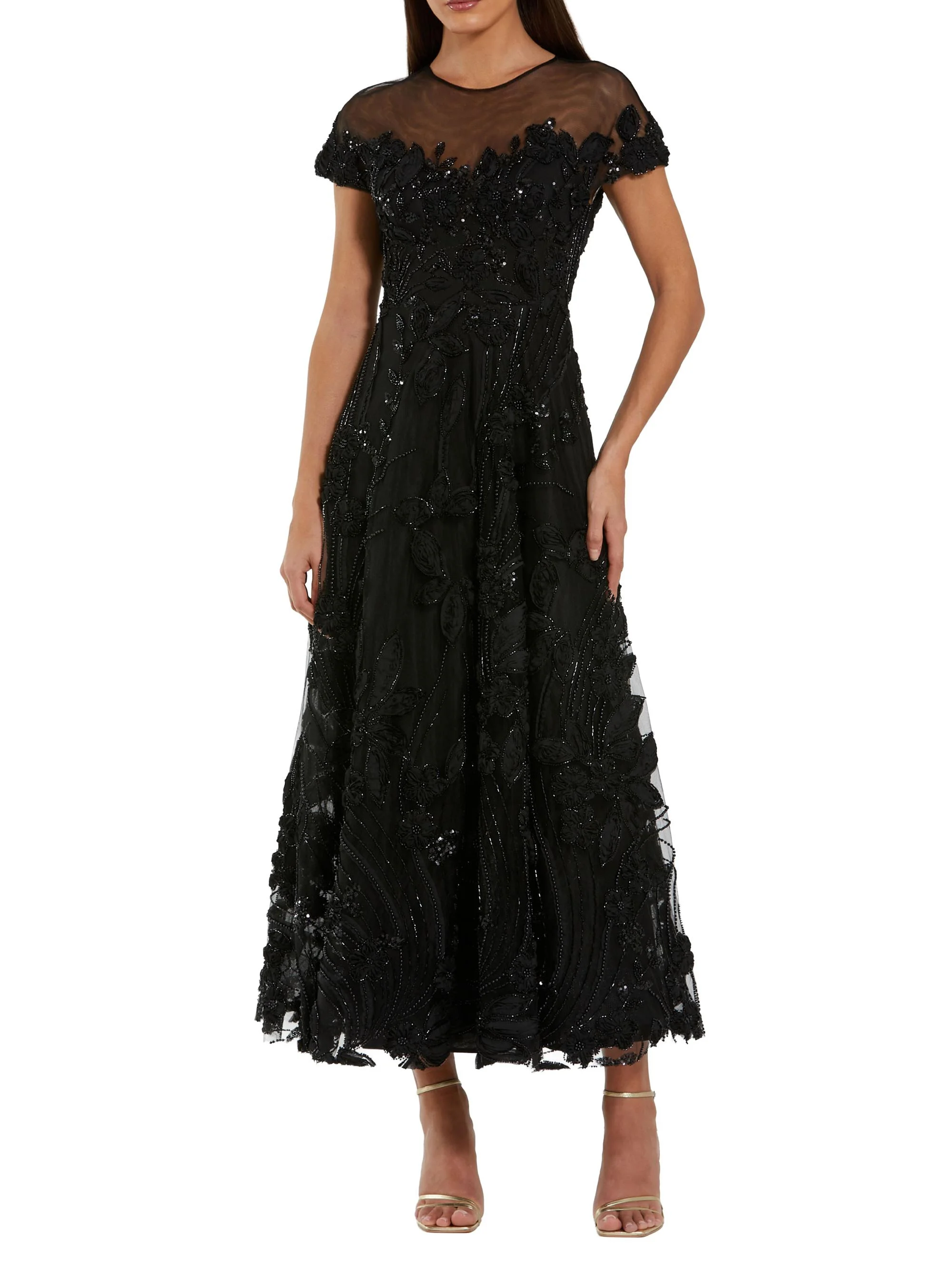 Women's Embellished Lace Illusion A-Line Midi-Dress - Black - 1