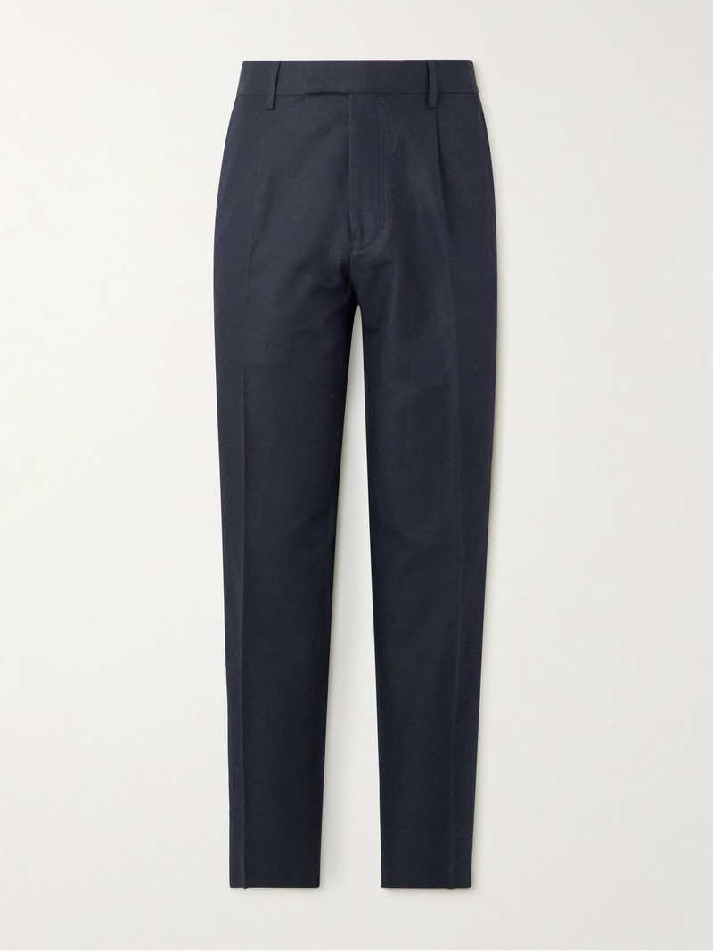 Tapered Pleated Cotton and Linen-Blend Twill Trousers Blue 1