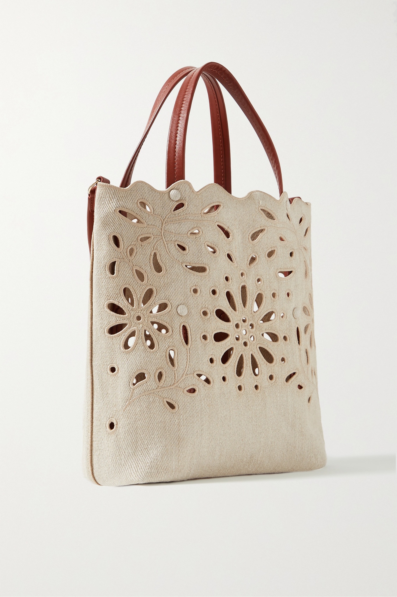 Kamilla leather-trimmed broderie anglaise linen tote - 3